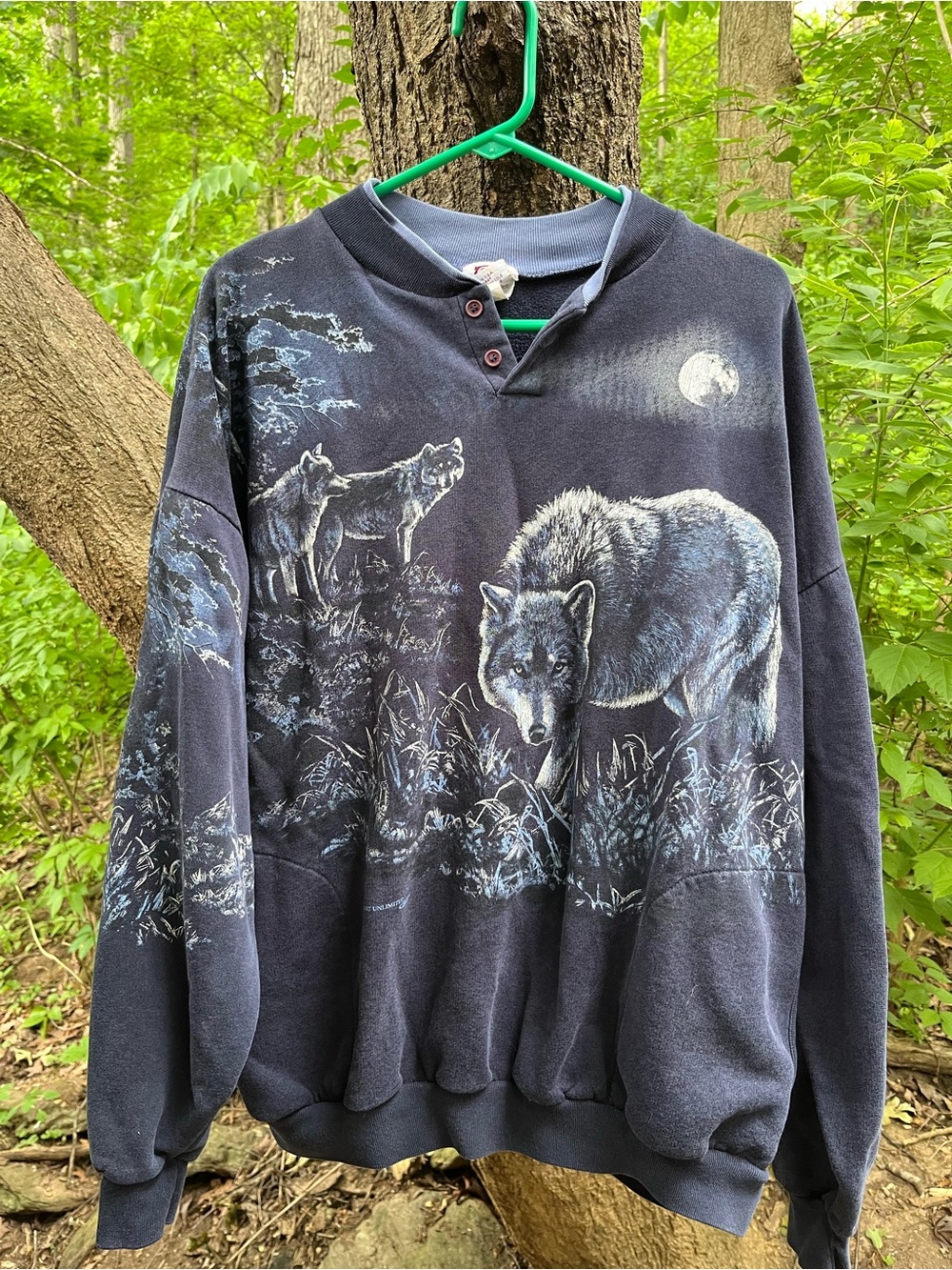 Vintage 1990’s Wolves Sweatshirt All Over Print Art Unlimited Cabin Navy XXL